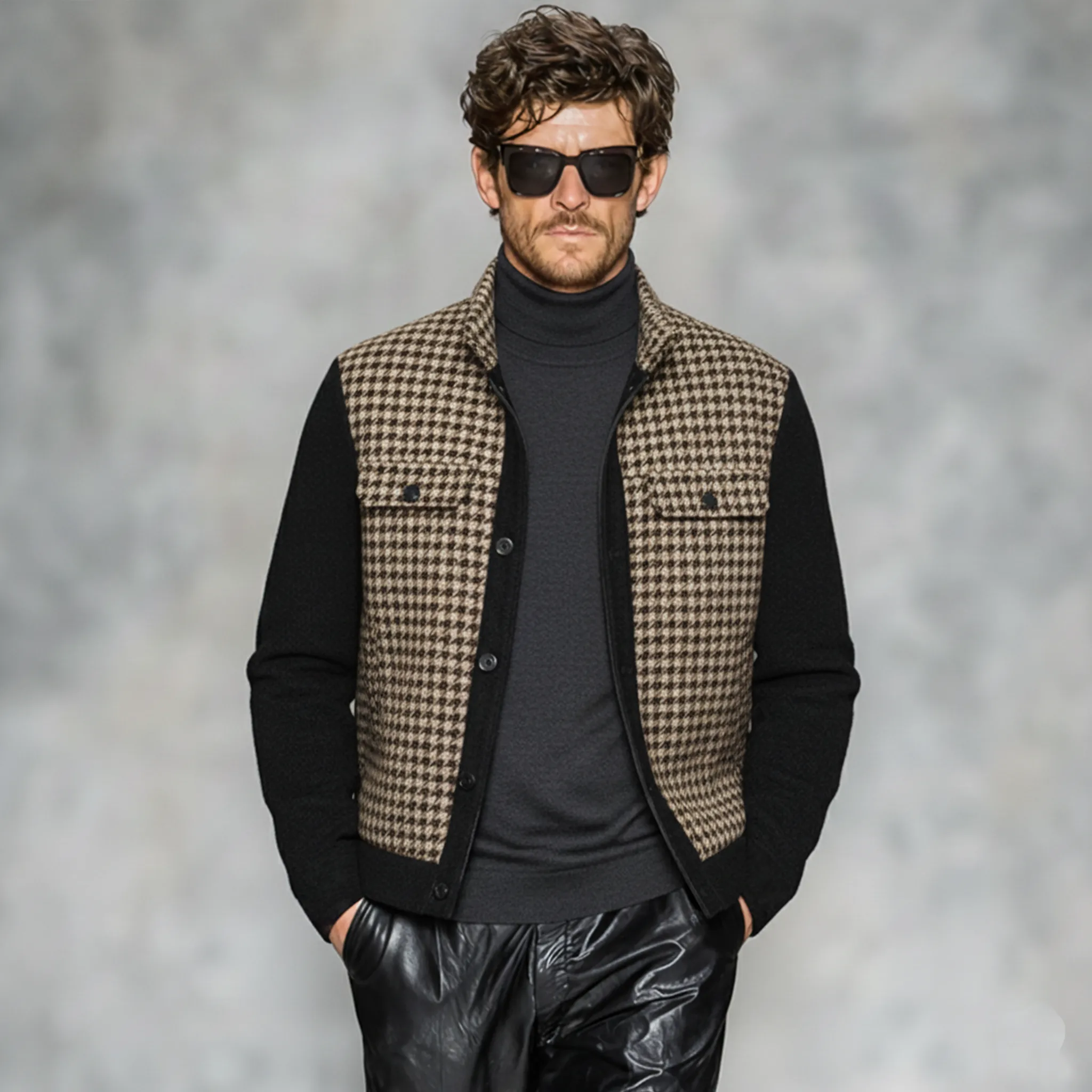 Men's Classic Casual Stand-up Collar Faux Houndstooth Patchwork Black Wool Jacket MTA0561K2K sold by Manly product image thumbnail 2