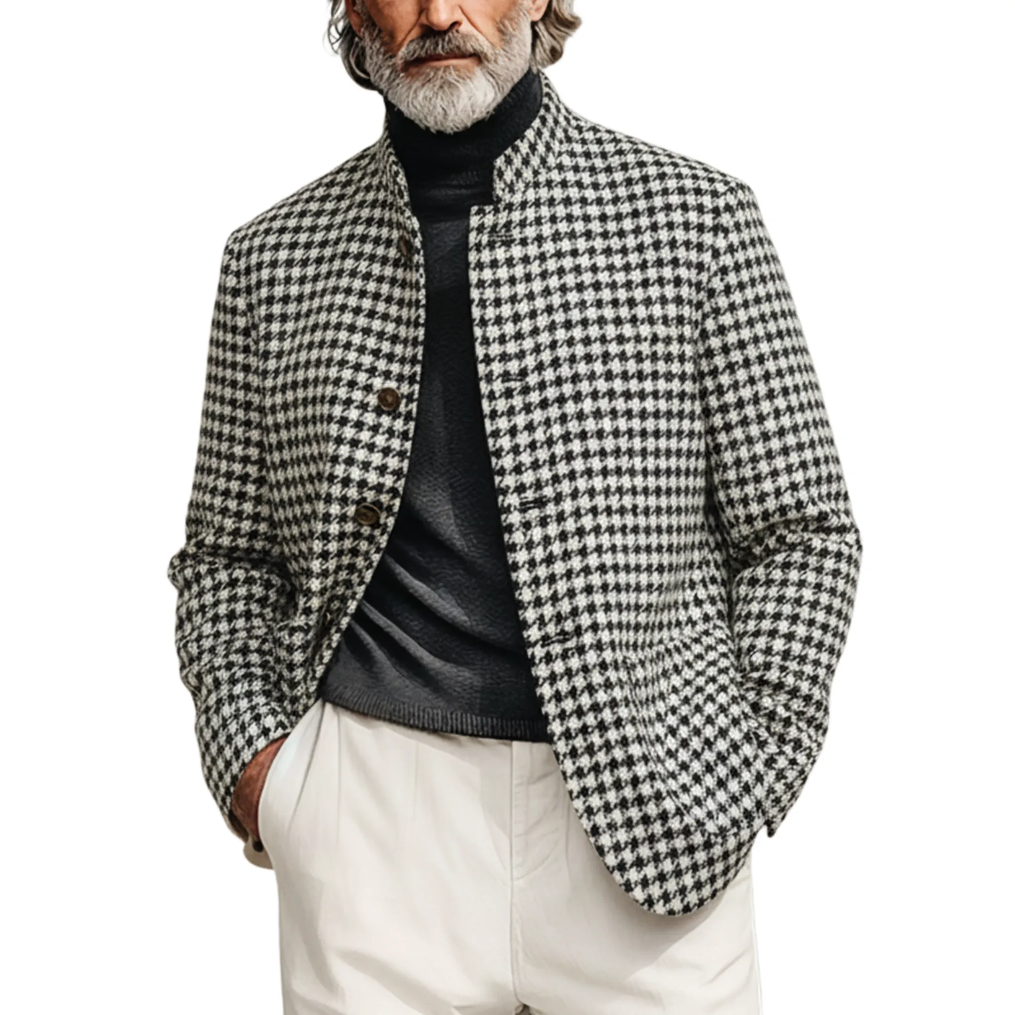 Men's Classic Casual Stand Collar Faux Houndstooth Wool Jacket MTA0538K8K sold by Manly