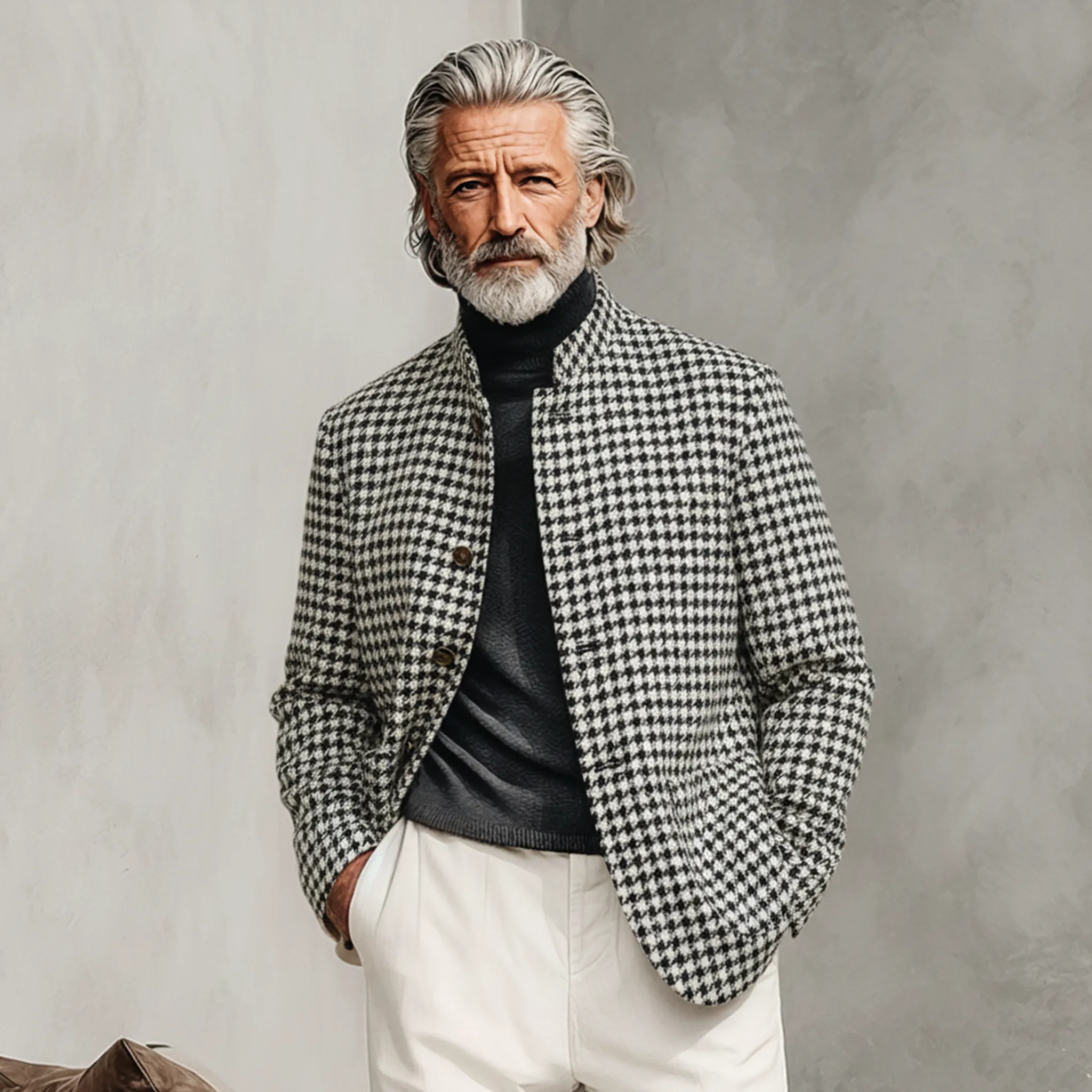 Men's Classic Casual Stand Collar Faux Houndstooth Wool Jacket MTA0538K8K sold by Manly product image thumbnail 2