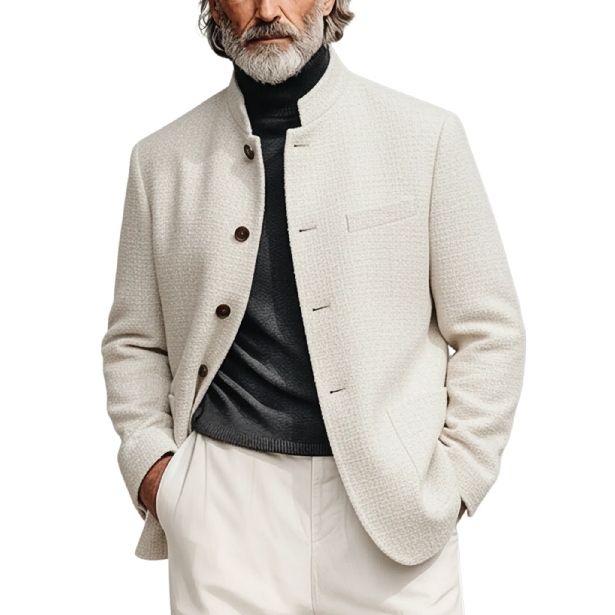 Men's Classic Casual Stand-up Collar Tweed Textured Fabric Jacket MTA0595K5K sold by Manly