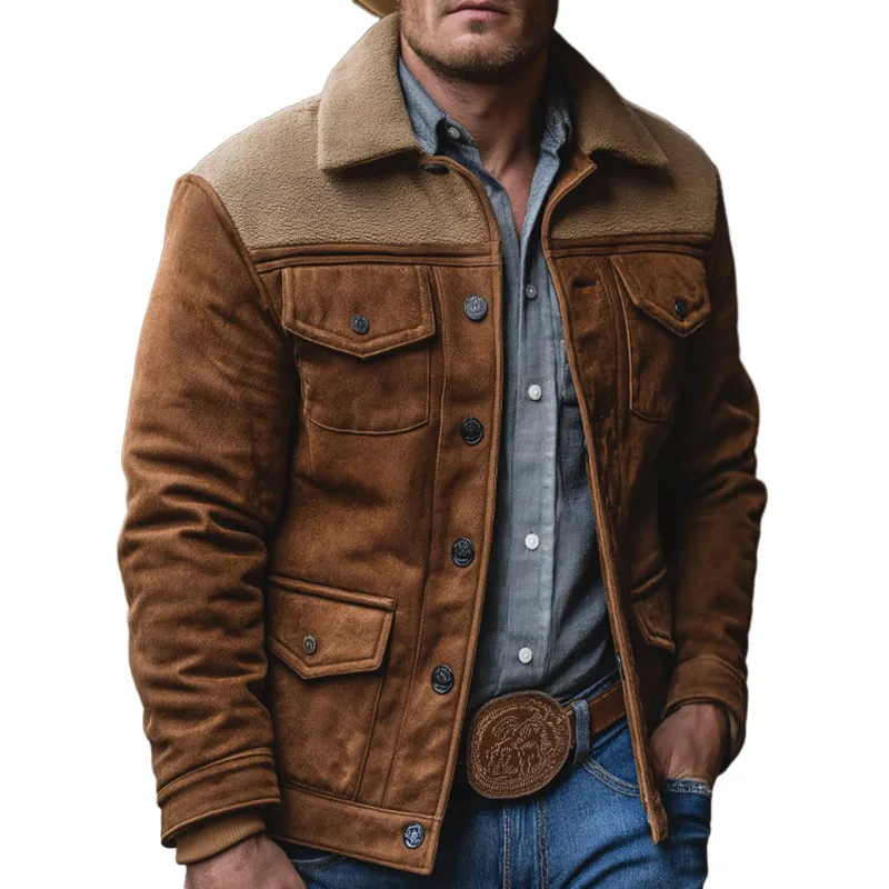 Men's Retro Casual Fleece Patchwork Lapel Button Jacket MTA0449K4TO sold by Manly