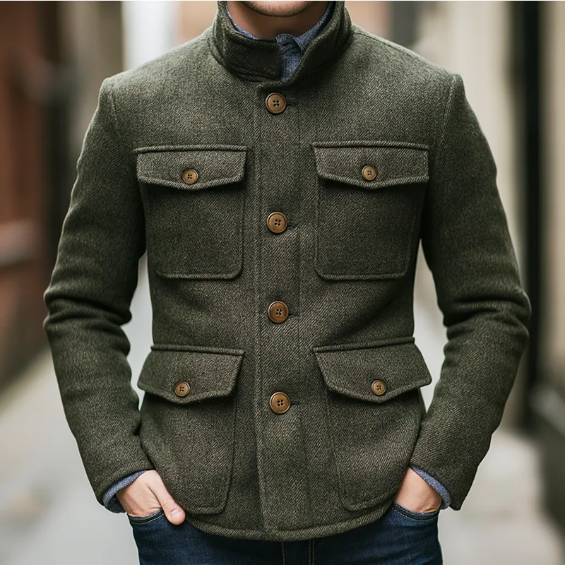 Men's Retro Casual Tweed Stand Collar Multi-Pocket Button Jacket MTA0448K4TO sold by Manly product image thumbnail 2