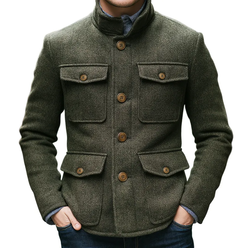 Men's Retro Casual Tweed Stand Collar Multi-Pocket Button Jacket MTA0448K4TO sold by Manly