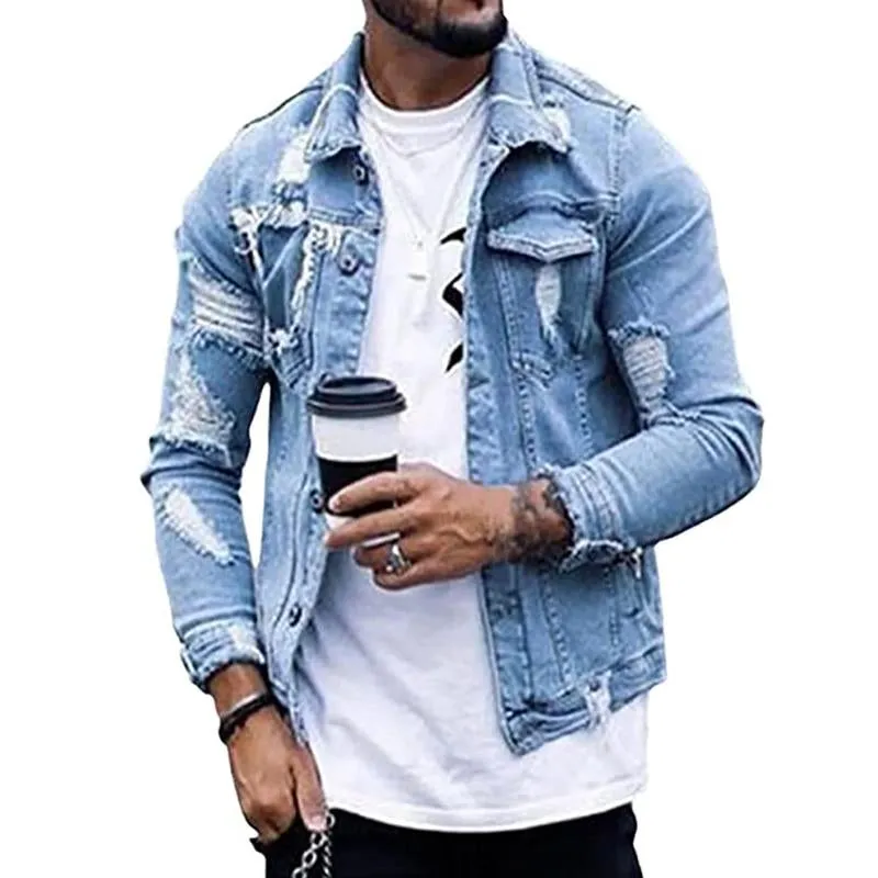 Men's Stylish Lapel Ripped Denim Jacket 72001540M sold by Manly