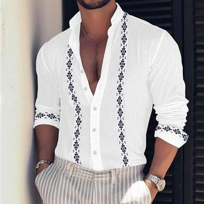 Men's Summer Print Beach Vacation Stand Collar Long Sleeve Shirt 72122320X sold by Manly product image thumbnail 2