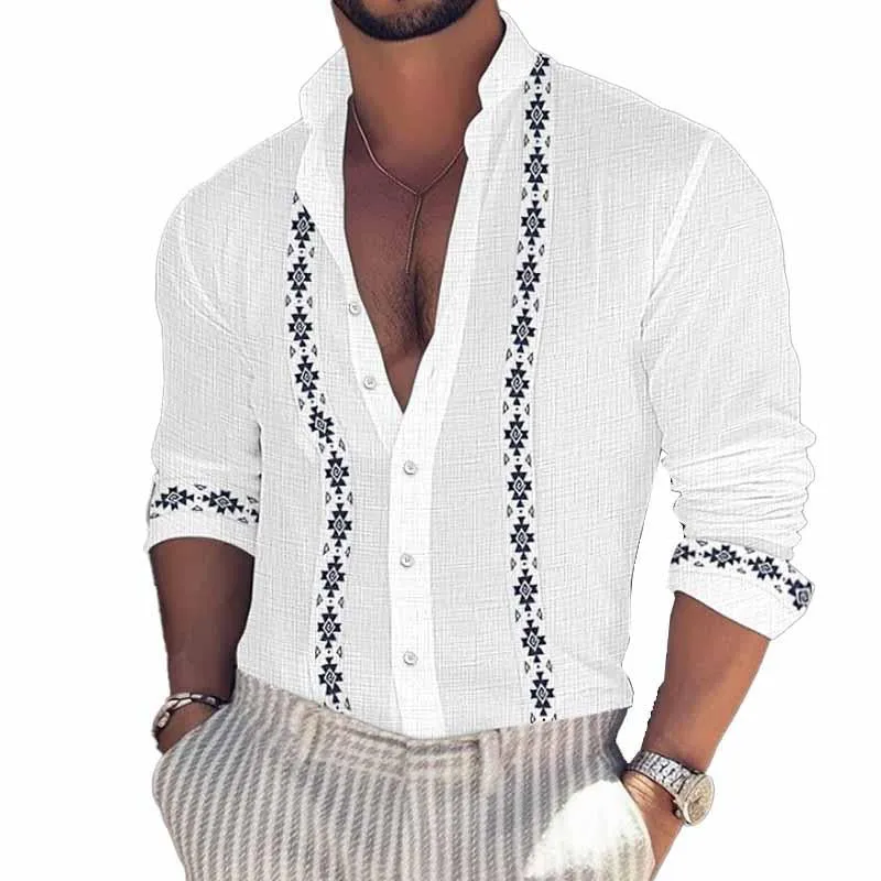 Men's Summer Print Beach Vacation Stand Collar Long Sleeve Shirt 72122320X sold by Manly