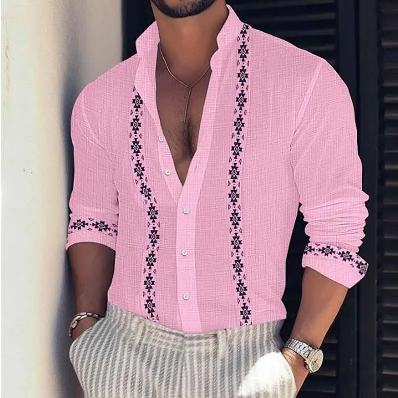 Men's Summer Print Beach Vacation Stand Collar Long Sleeve Shirt 72122320X sold by Manly product image thumbnail 4