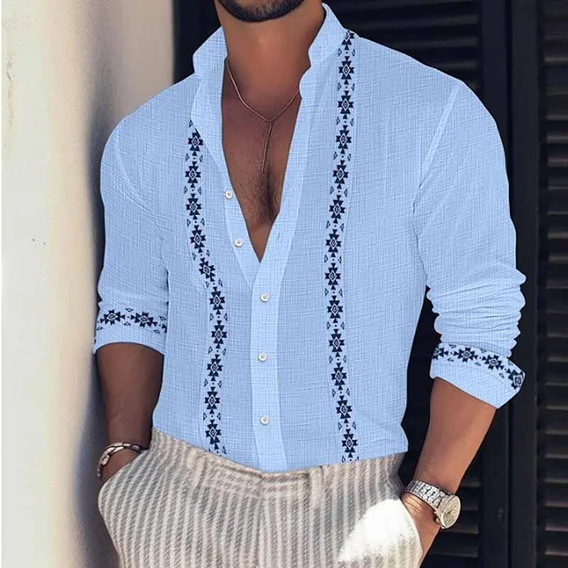 Men's Summer Print Beach Vacation Stand Collar Long Sleeve Shirt 72122320X sold by Manly product image thumbnail 3