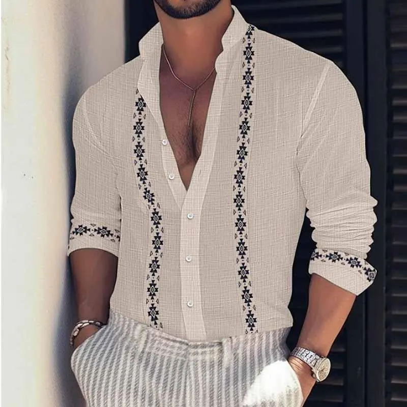 Men's Summer Print Beach Vacation Stand Collar Long Sleeve Shirt 72122320X sold by Manly product image thumbnail 5