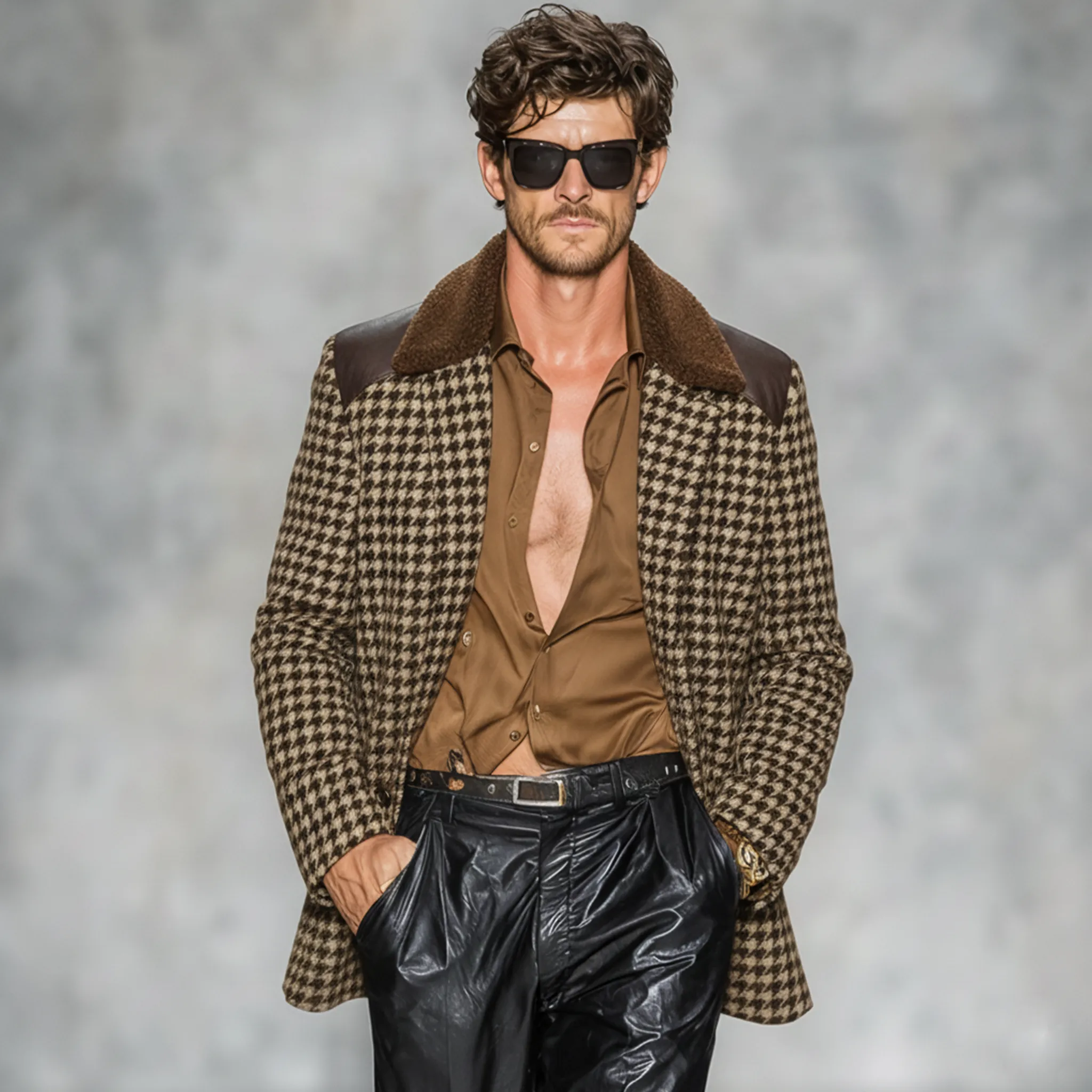 Men's Classic Casual Fleece Lapel PU Leather Single-breasted Faux Houndstooth Wool Coat MTA0496K5K sold by Manly product image thumbnail 2