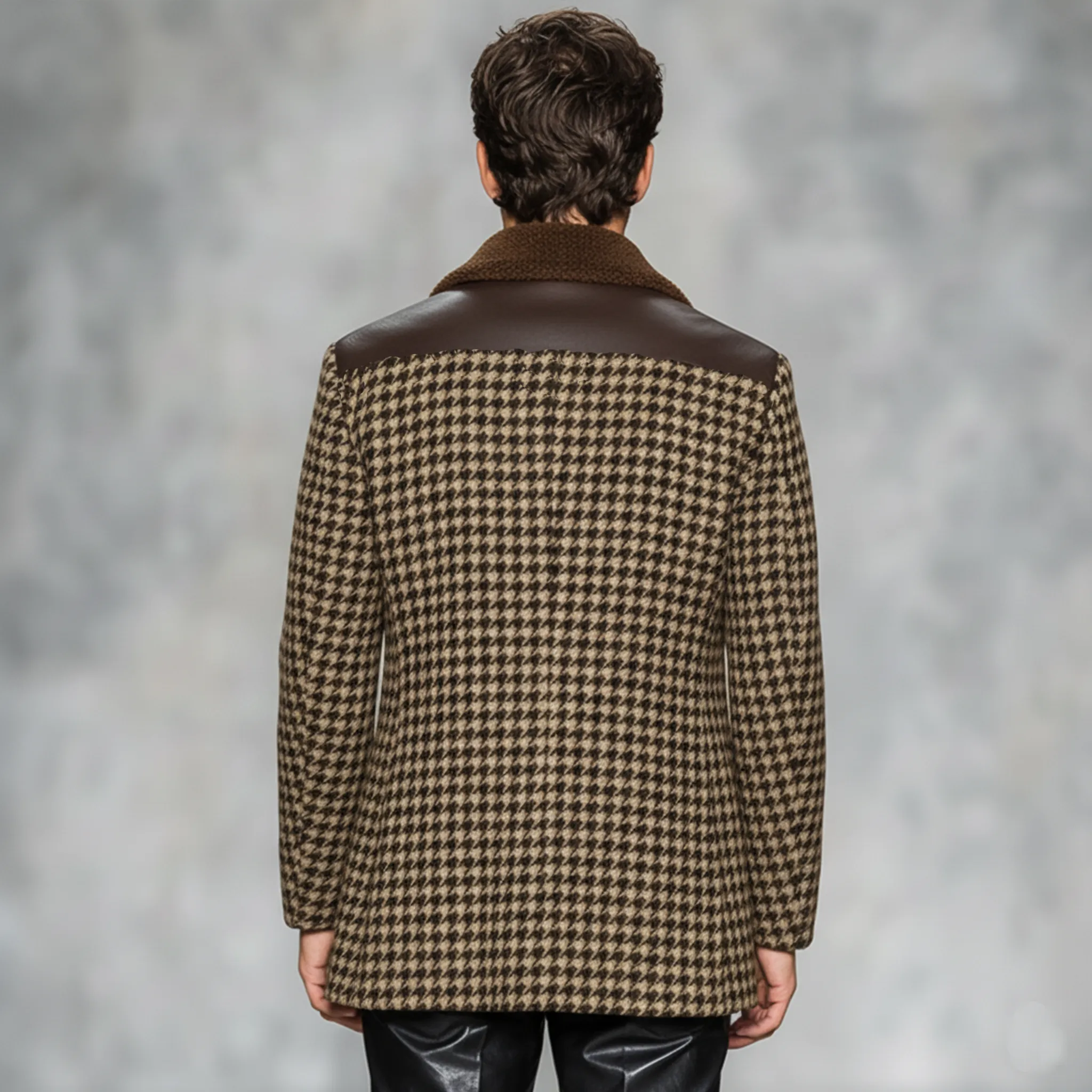 Men's Classic Casual Fleece Lapel PU Leather Single-breasted Faux Houndstooth Wool Coat MTA0496K5K sold by Manly product image thumbnail 4