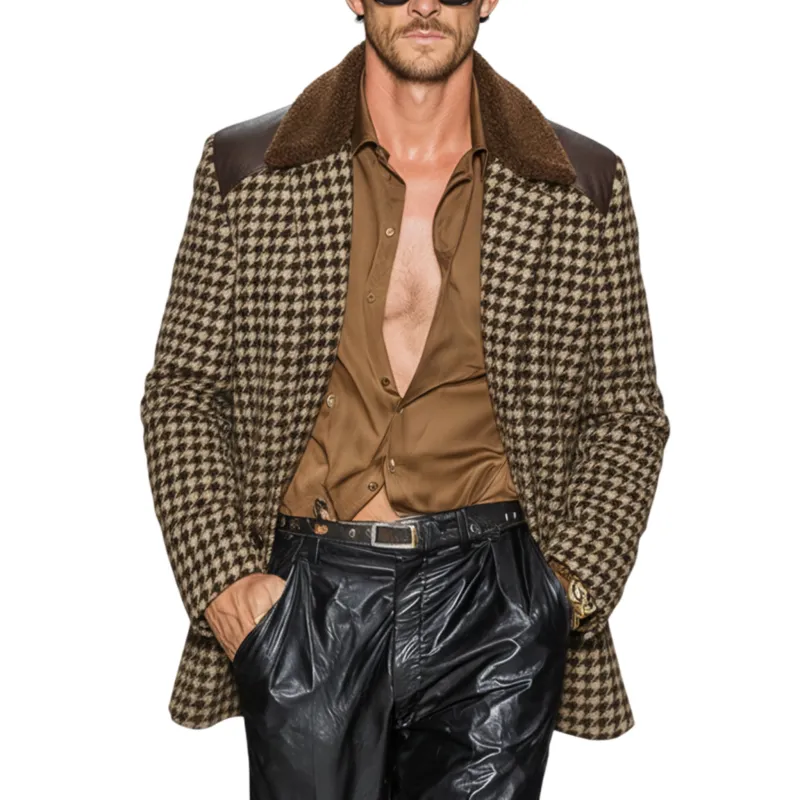 Men's Classic Casual Fleece Lapel PU Leather Single-breasted Faux Houndstooth Wool Coat MTA0496K5K sold by Manly