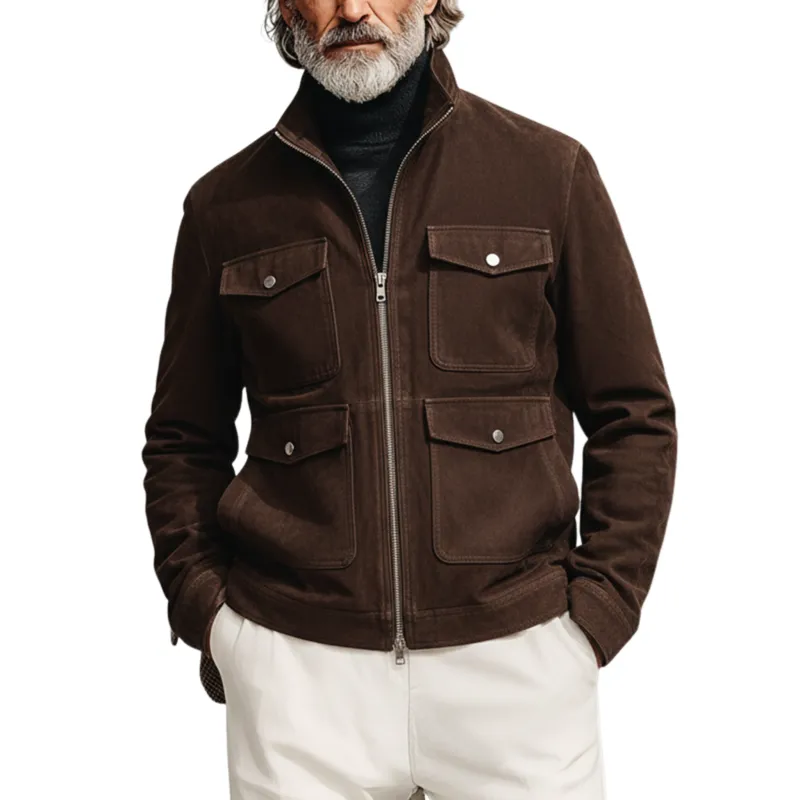 Men's Classic Light Business Stand Collar Multi-Pocket Faux Suede Jacket MTA0487K5K sold by Manly