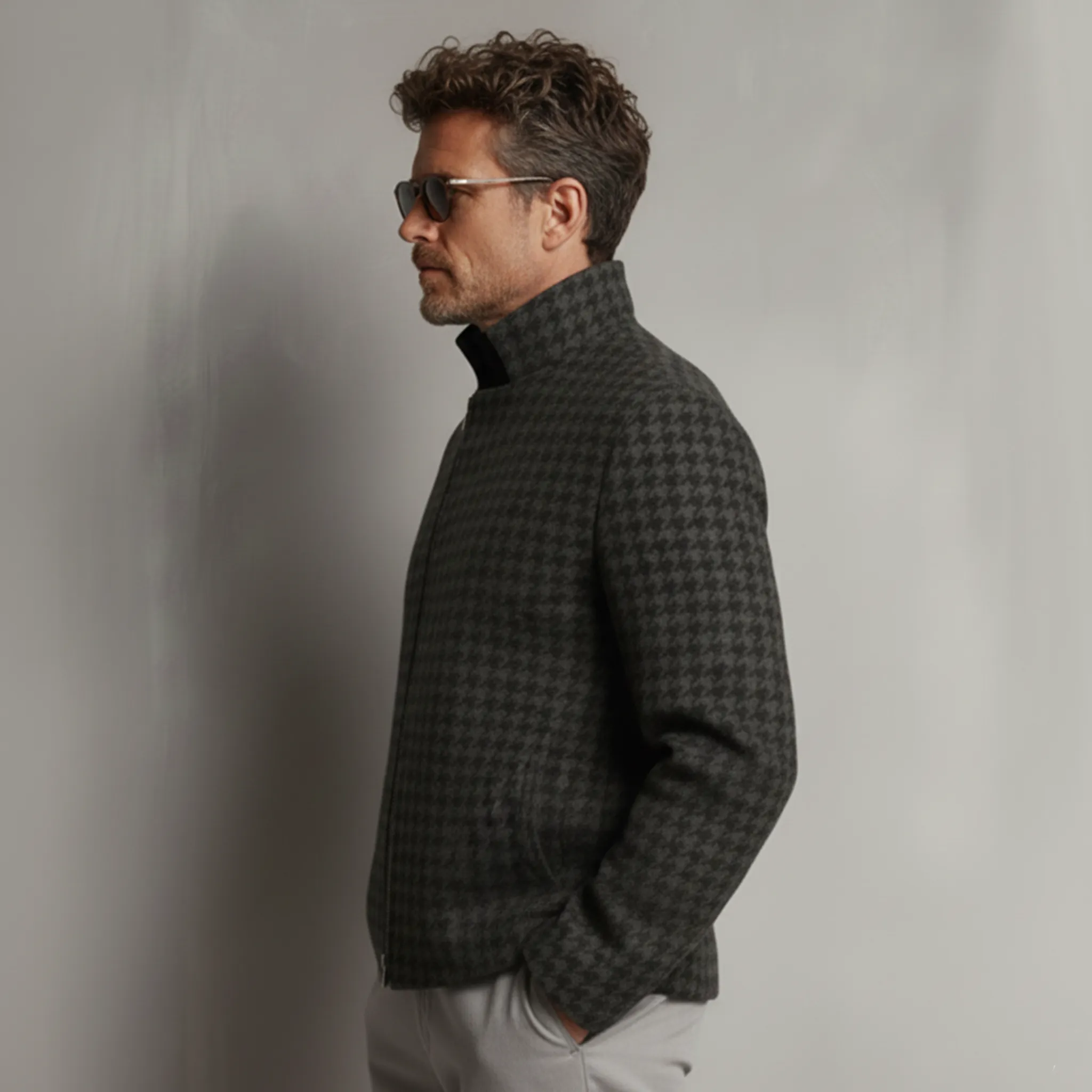 Men's Classic Retro Light Business Stand Collar Faux Houndstooth Wool Zip-Up Jacket MTA0480K5K sold by Manly product image thumbnail 3