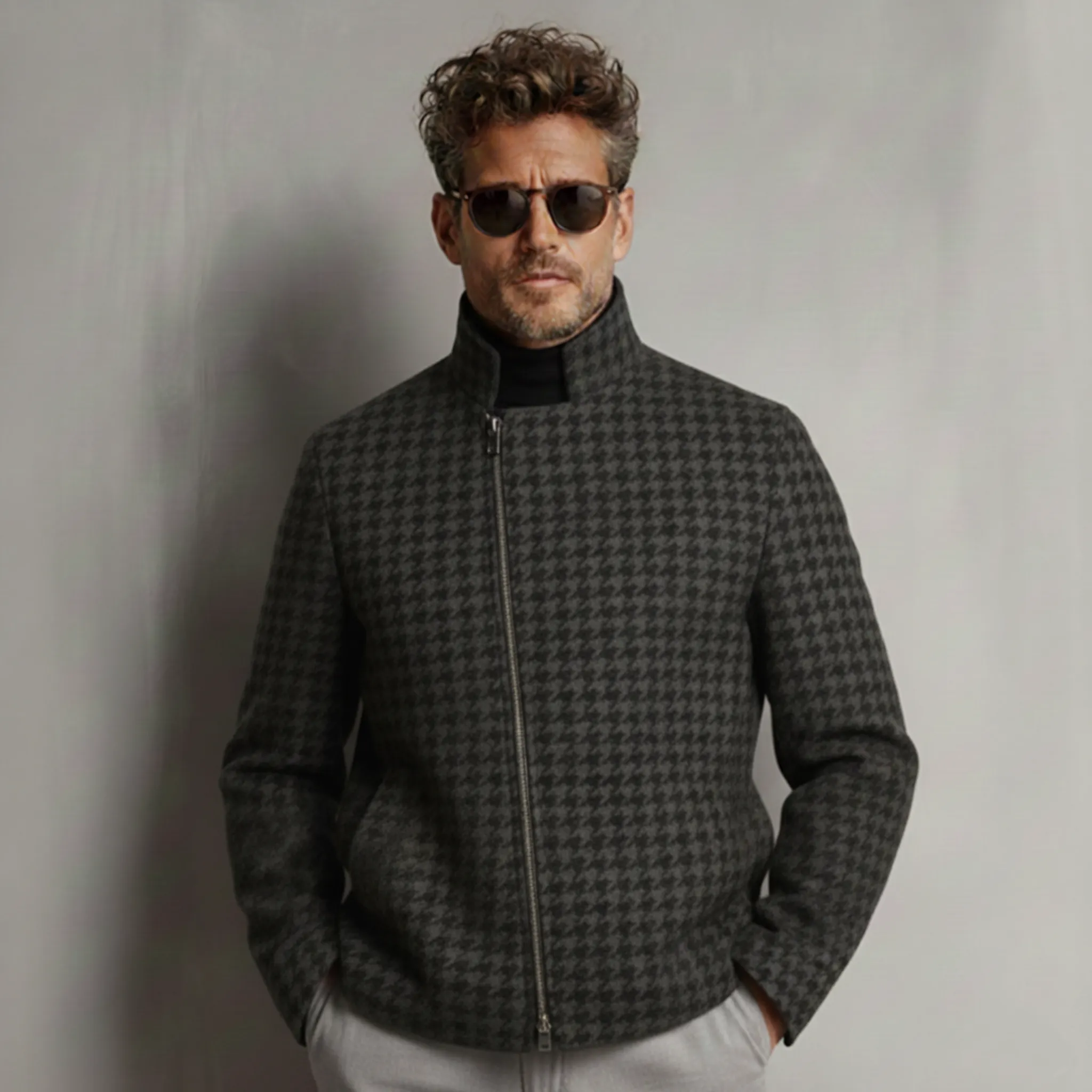 Men's Classic Retro Light Business Stand Collar Faux Houndstooth Wool Zip-Up Jacket MTA0480K5K sold by Manly product image thumbnail 2