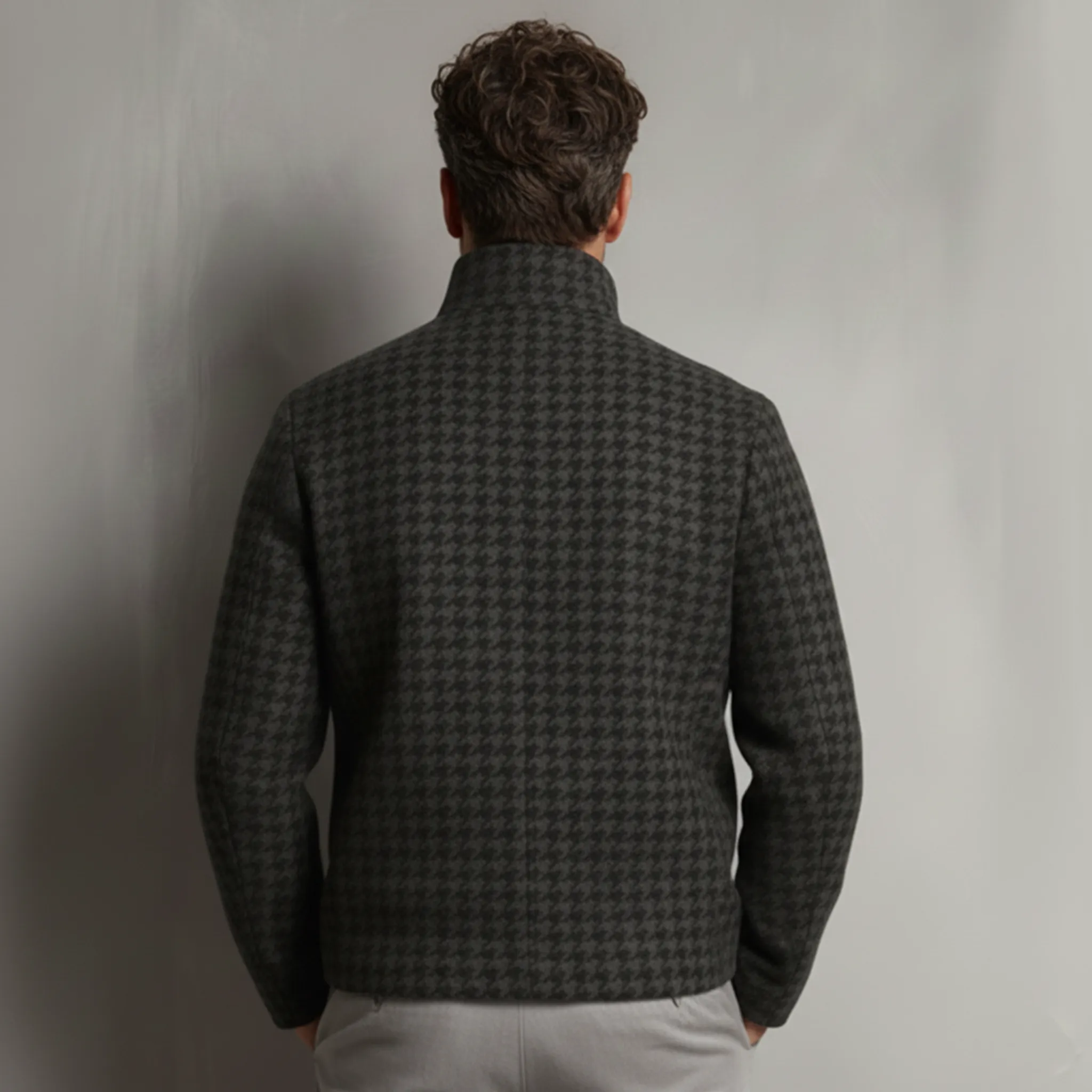 Men's Classic Retro Light Business Stand Collar Faux Houndstooth Wool Zip-Up Jacket MTA0480K5K sold by Manly product image thumbnail 4