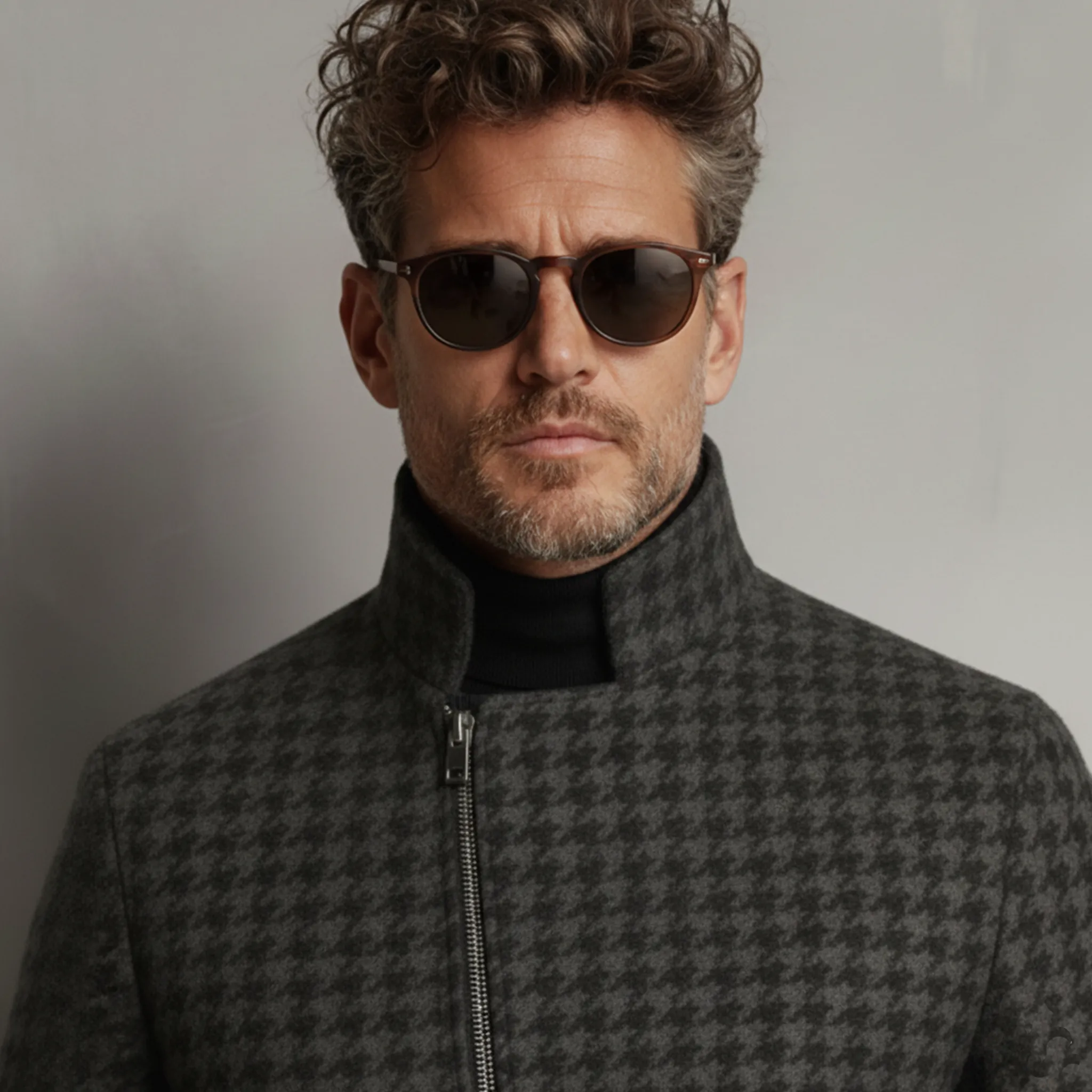 Men's Classic Retro Light Business Stand Collar Faux Houndstooth Wool Zip-Up Jacket MTA0480K5K sold by Manly product image thumbnail 5