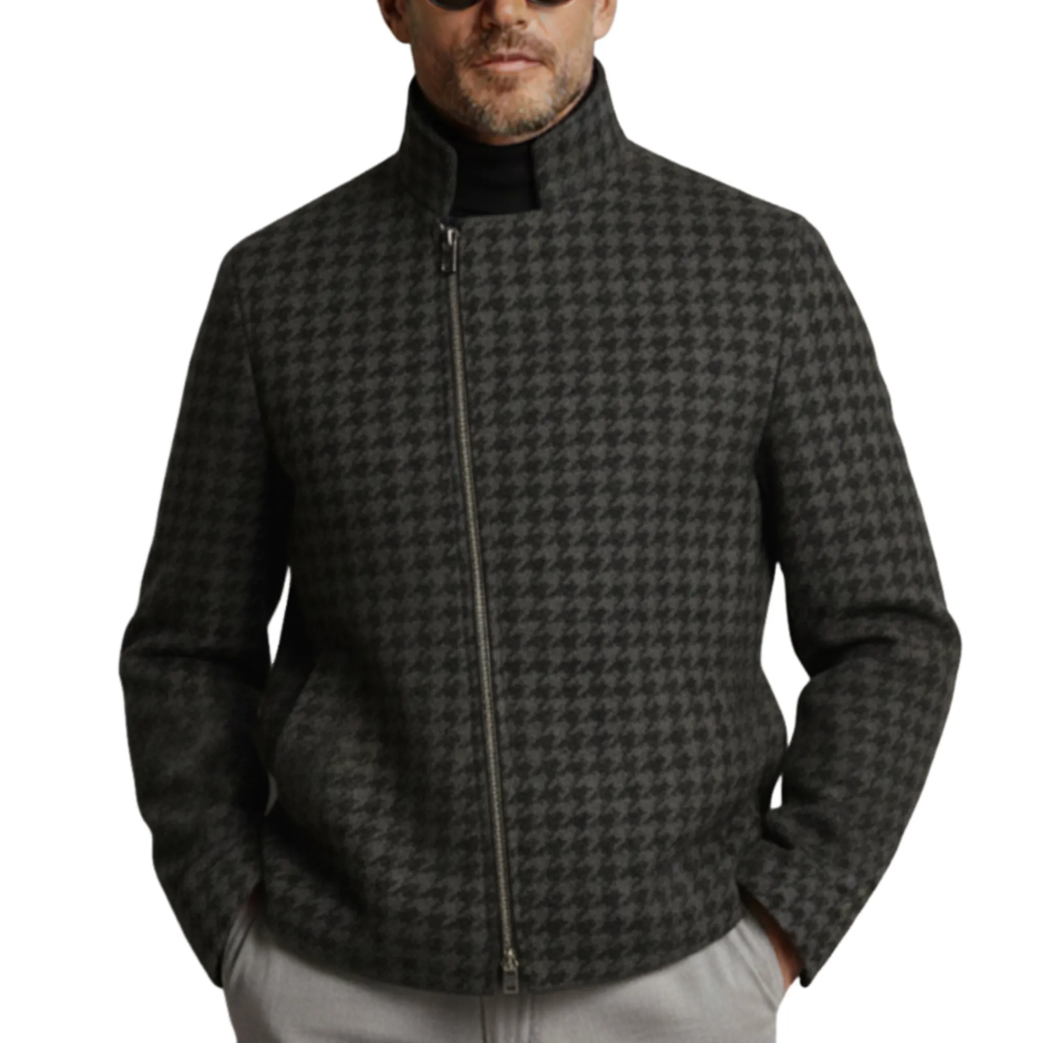 Men's Classic Retro Light Business Stand Collar Faux Houndstooth Wool Zip-Up Jacket MTA0480K5K sold by Manly
