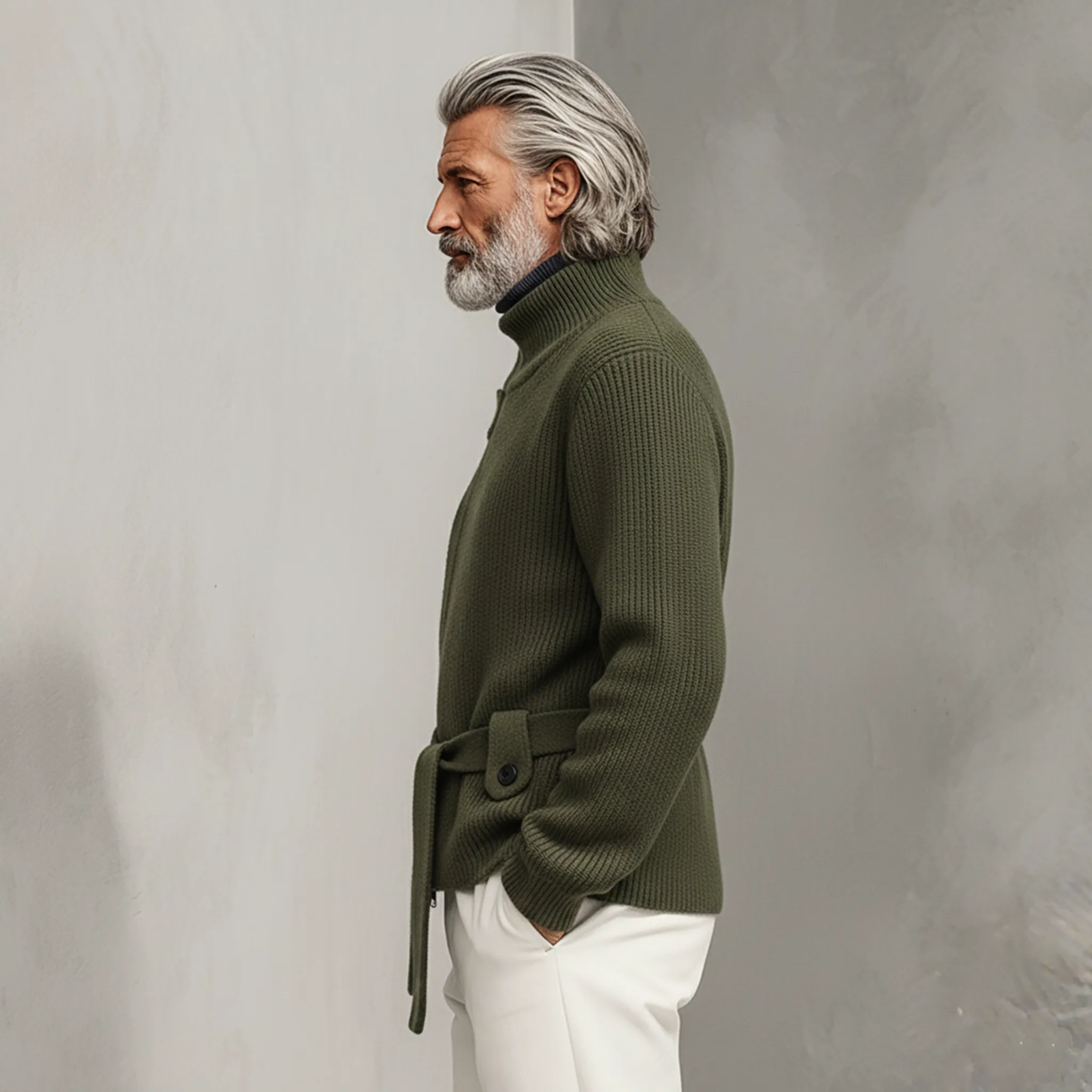 Men's Classic Casual Stand-up Collar Zip-up Knit Cardigan (belt Included) MTA0492K7K sold by Manly product image thumbnail 3