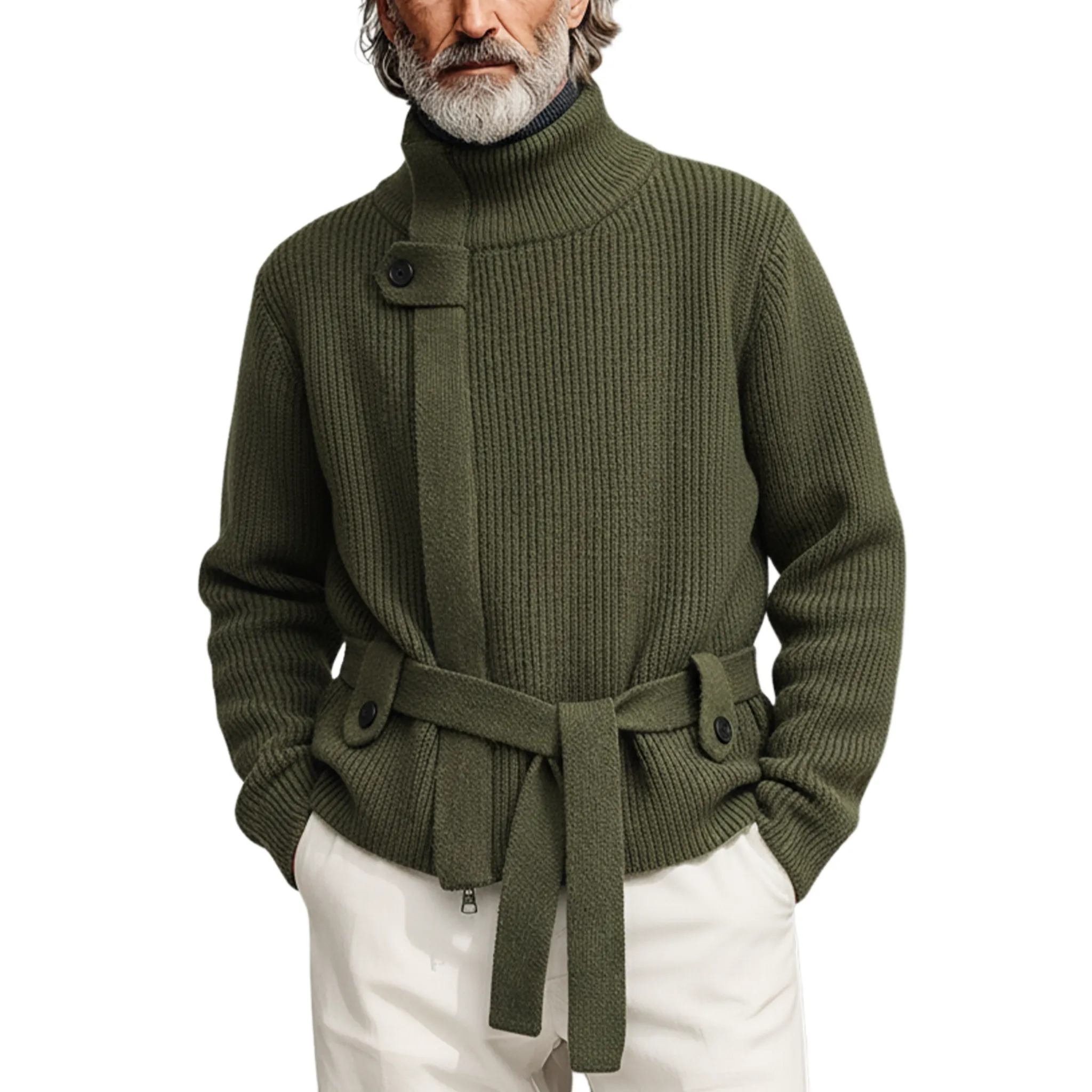 Men's Classic Casual Stand-up Collar Zip-up Knit Cardigan (belt Included) MTA0492K7K sold by Manly