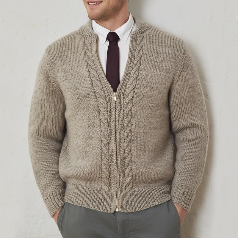 Men's Classic Versatile Khaki Jacquard Zip-up Cardigan MTA0314K9U sold by Manly product image thumbnail 2