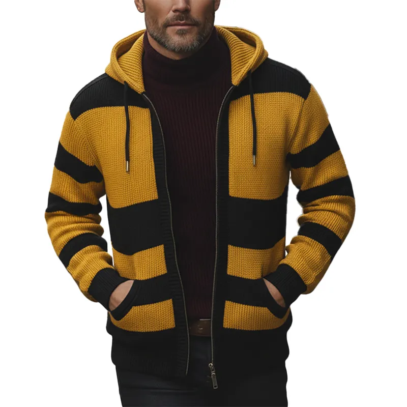 Men's Winter Retro Color Block Cotton Yarn Knitted Hooded Cardigan MTA0349K3P sold by Manly