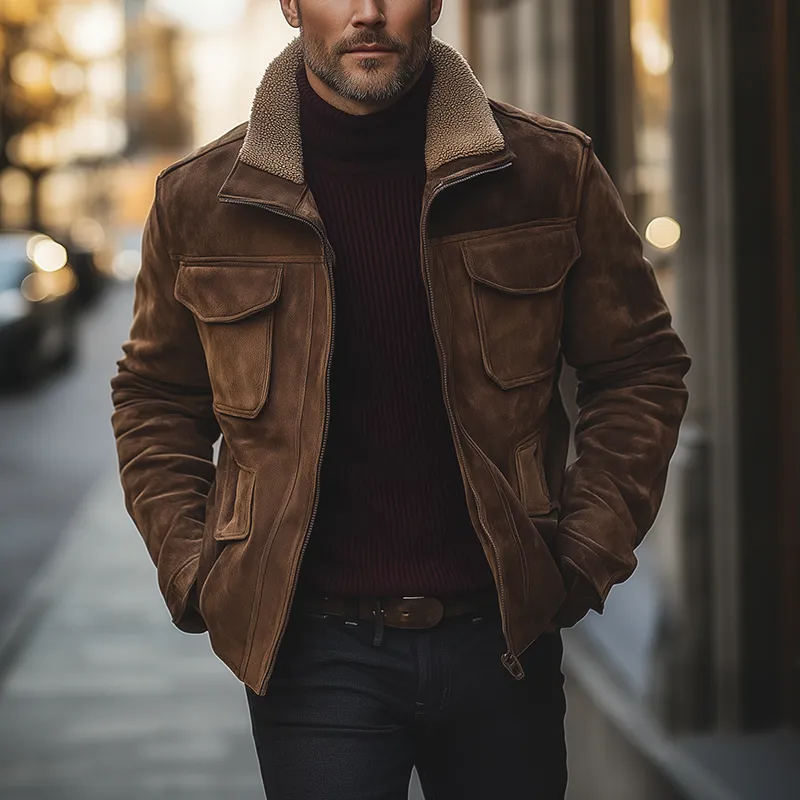 Men's Winter Retro Faux Suede Fleece Lined Lapel Zip-Up Jacket MTA0163K3P sold by Manly product image thumbnail 2