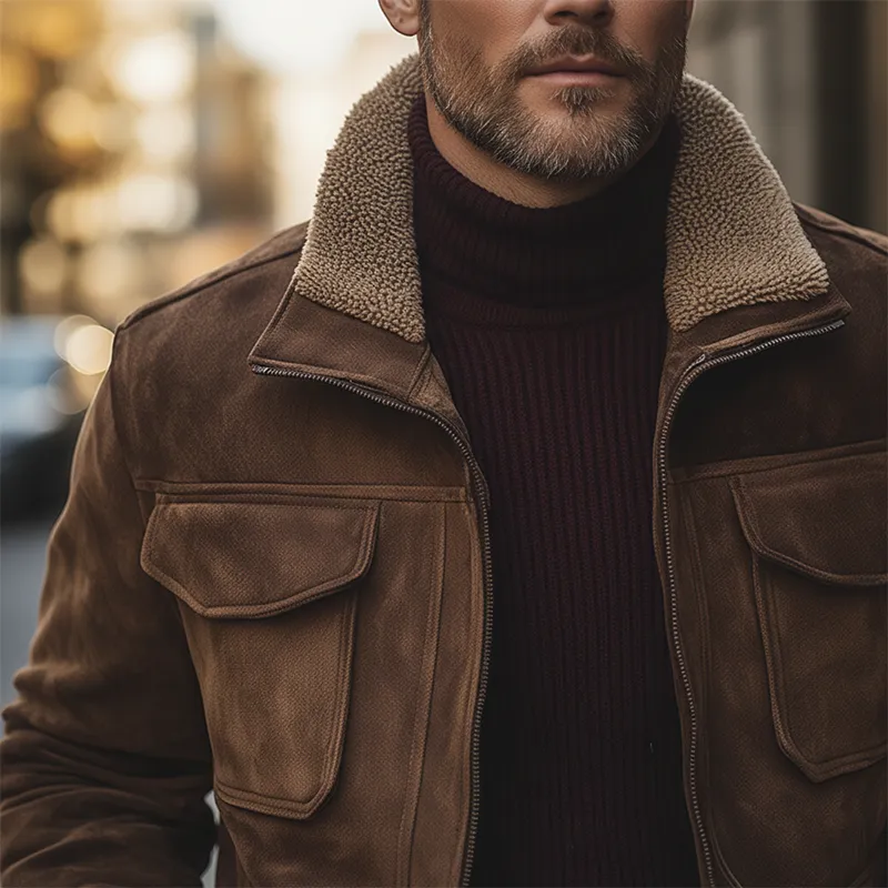 Men's Winter Retro Faux Suede Fleece Lined Lapel Zip-Up Jacket MTA0163K3P sold by Manly product image thumbnail 3