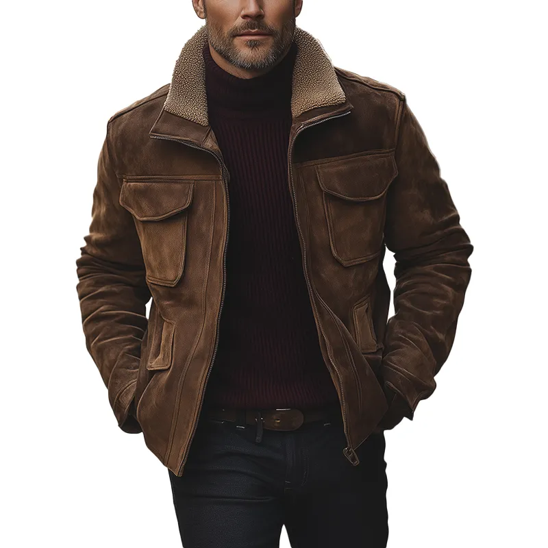 Men's Winter Retro Faux Suede Fleece Lined Lapel Zip-Up Jacket MTA0163K3P sold by Manly