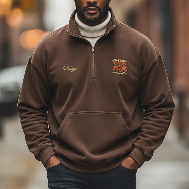 Men's Retro Minimalist Embroidered Fleece Half-Zip High Neck Sweatshirt MTA2713J5P sold by Manly product image thumbnail 2