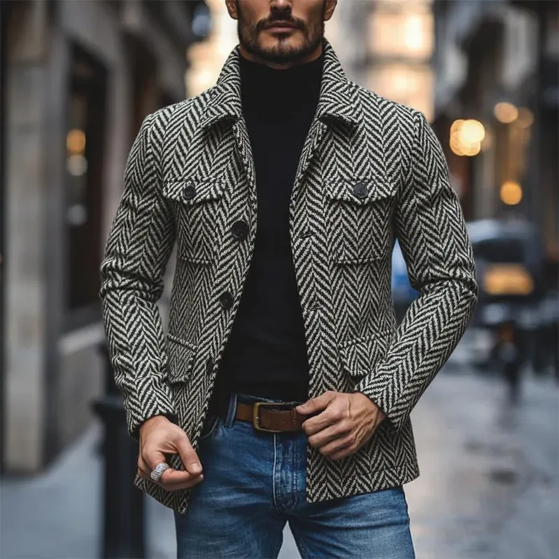 Men's Retro Minimalist Herringbone Faux Wool Multi-Pocket Jacket MTA0311K9P sold by Manly product image thumbnail 2