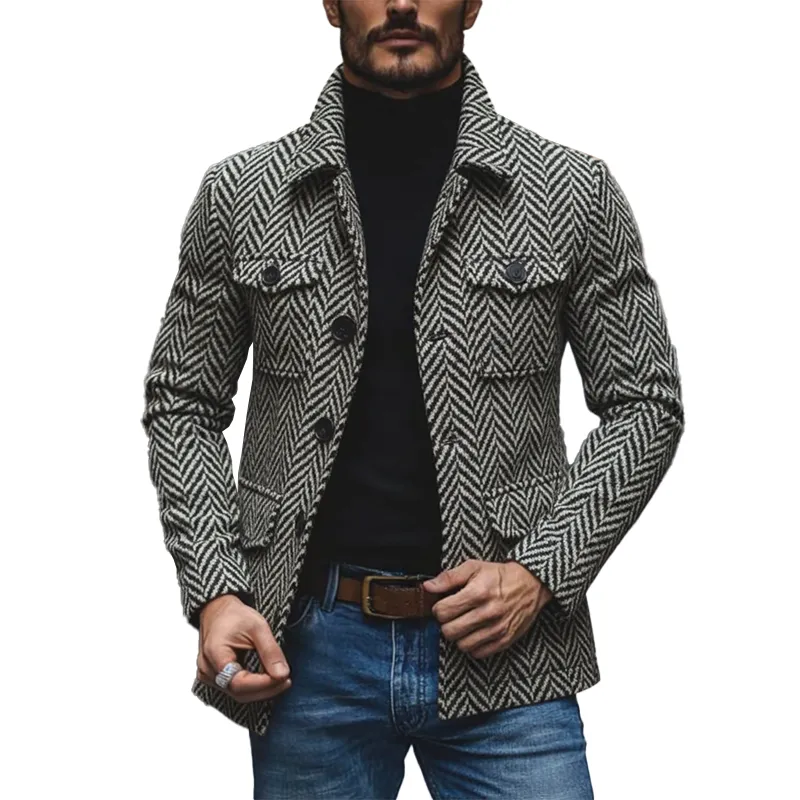 Men's Retro Minimalist Herringbone Faux Wool Multi-Pocket Jacket MTA0311K9P sold by Manly