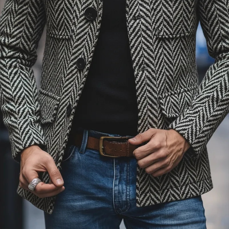 Men's Retro Minimalist Herringbone Faux Wool Multi-Pocket Jacket MTA0311K9P sold by Manly product image thumbnail 4