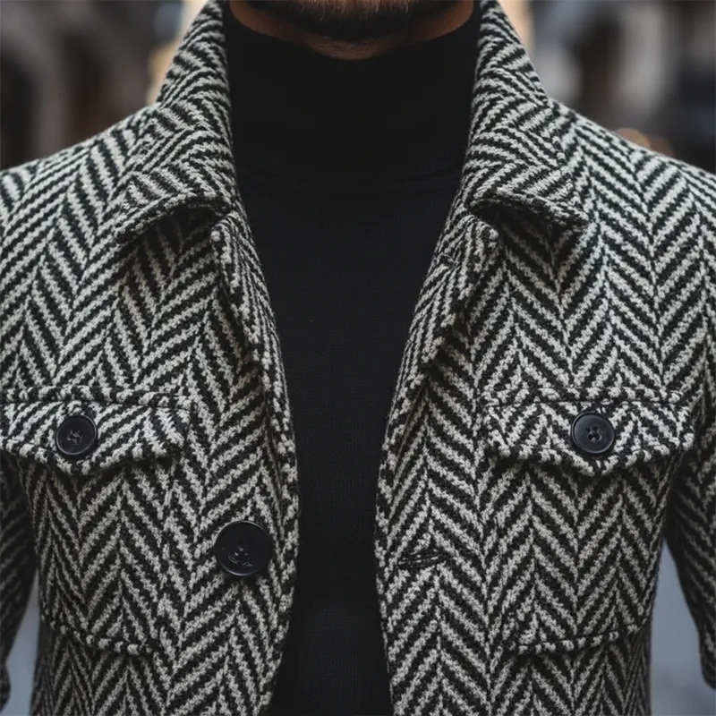 Men's Retro Minimalist Herringbone Faux Wool Multi-Pocket Jacket MTA0311K9P sold by Manly product image thumbnail 3