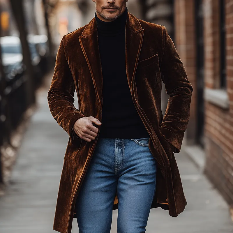 Men's Retro Simple Glossy Velvet Mid-Length Warm Coat MTA0407K4P sold by Manly product image thumbnail 2