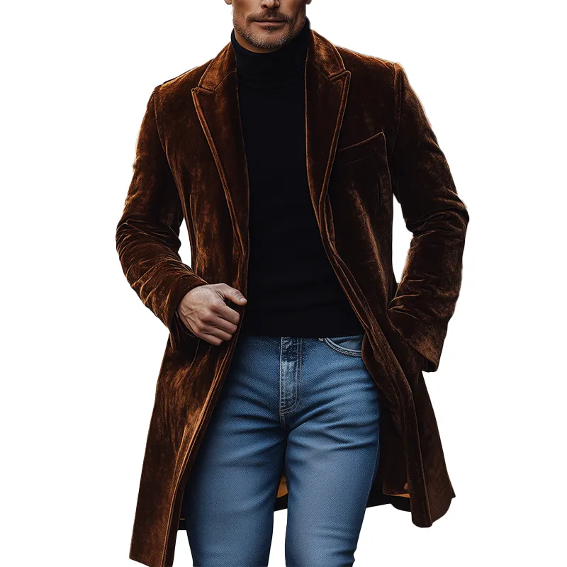 Men's Retro Simple Glossy Velvet Mid-Length Warm Coat MTA0407K4P sold by Manly