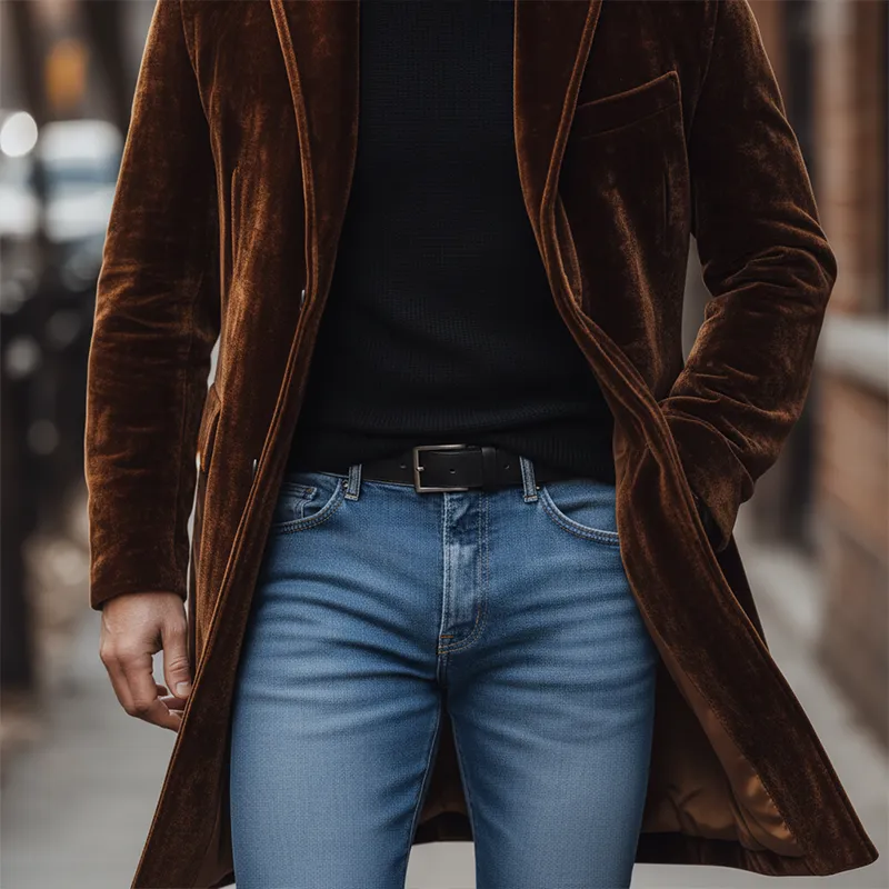 Men's Retro Simple Glossy Velvet Mid-Length Warm Coat MTA0407K4P sold by Manly product image thumbnail 4