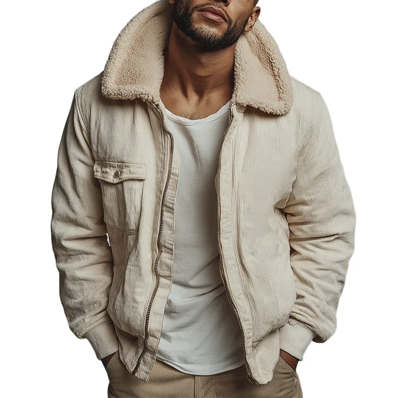 Men's Retro Casual Corduroy Fur Collar Zipper Jacket MTA3145J4TO sold by Manly