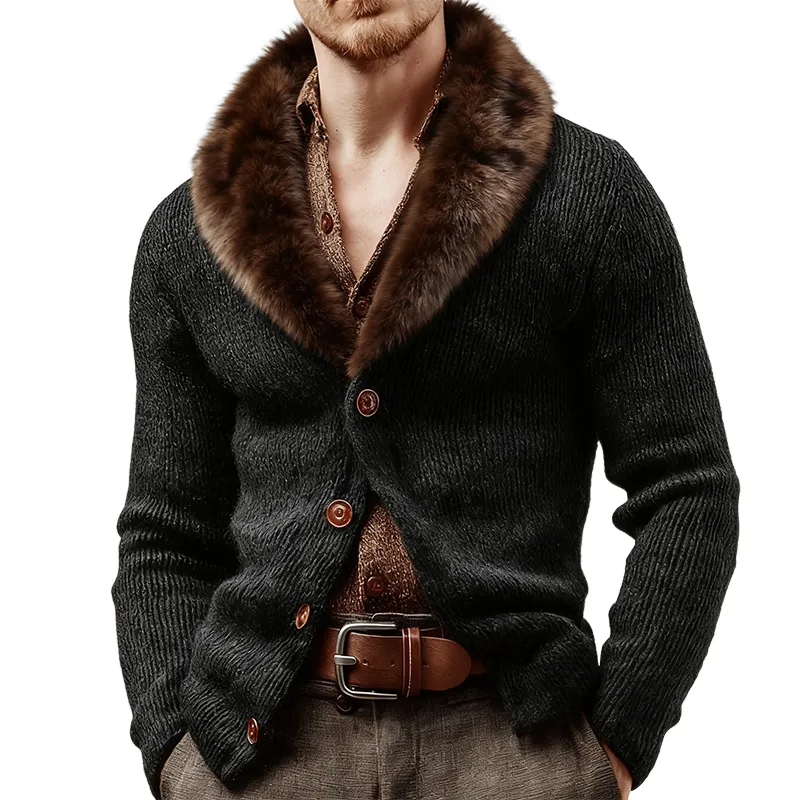 Men's Retro Casual Knitted Patchwork Fur Collar Button Cardigan MTA0103K9TO sold by Manly