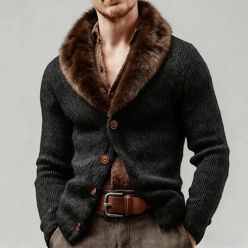 Men's Retro Casual Knitted Patchwork Fur Collar Button Cardigan MTA0103K9TO sold by Manly product image thumbnail 2