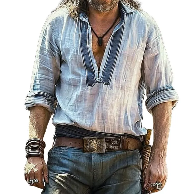 Men's Vintage Cotton and Linen V-neck Striped Shirt 91105678TO sold by Manly