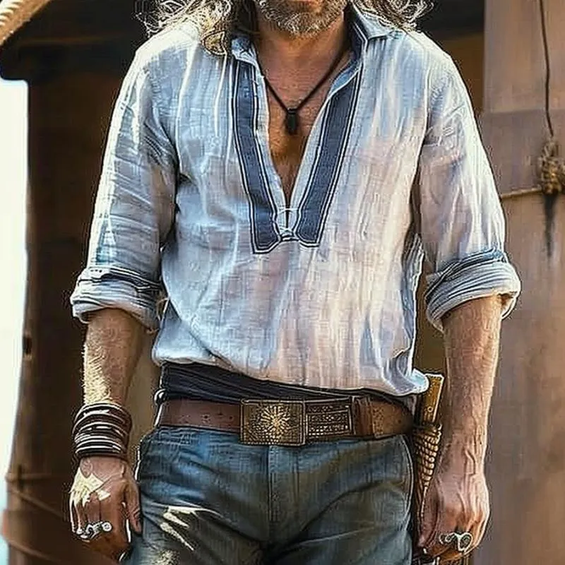 Men's Vintage Cotton and Linen V-neck Striped Shirt 91105678TO sold by Manly product image thumbnail 2