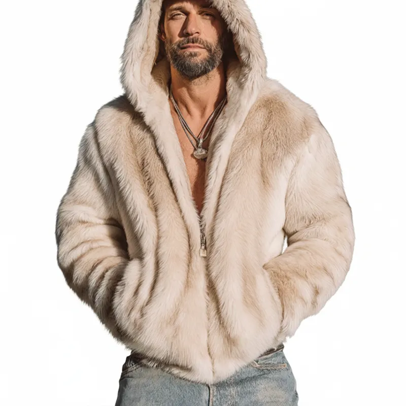 Men's Beige Luxury Plush Faux Mink Hooded Jacket Jacket MTA0734K8U sold by Manly