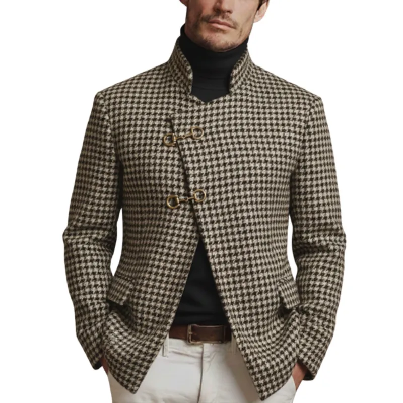 Men's Classic Retro Stand-up Collar Slanted Placket Metal Button Faux Houndstooth Wool Jacket MTA0876K0K sold by Manly