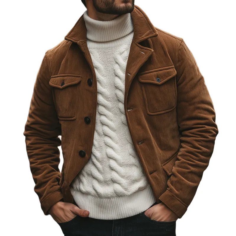 Men's Retro Casual Corduroy Quilted Lapel Button Jacket MTA3011J1TO sold by Manly