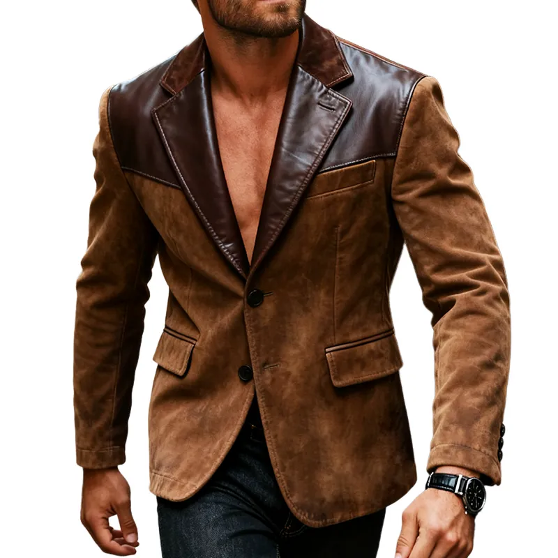 Men's Retro Casual Faux Suede Patchwork PU Blazer MTA0520K3TO sold by Manly