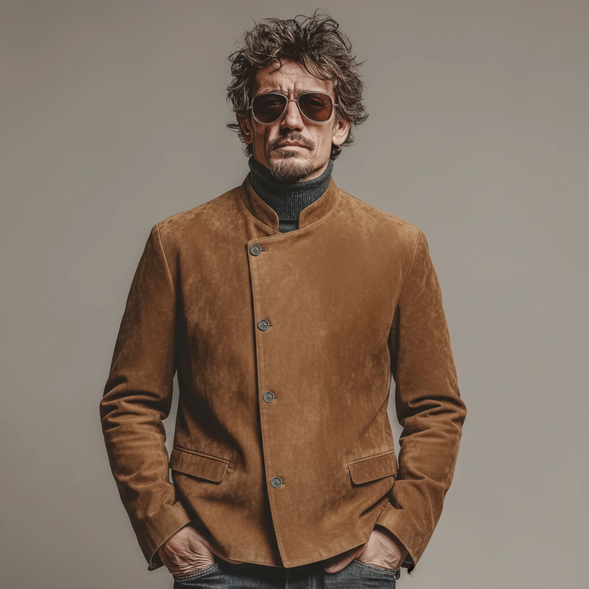 Men's Classic Retro Stand-up Collar Slanted Placket Faux Suede Jacket MTA0840K1K sold by Manly product image thumbnail 2