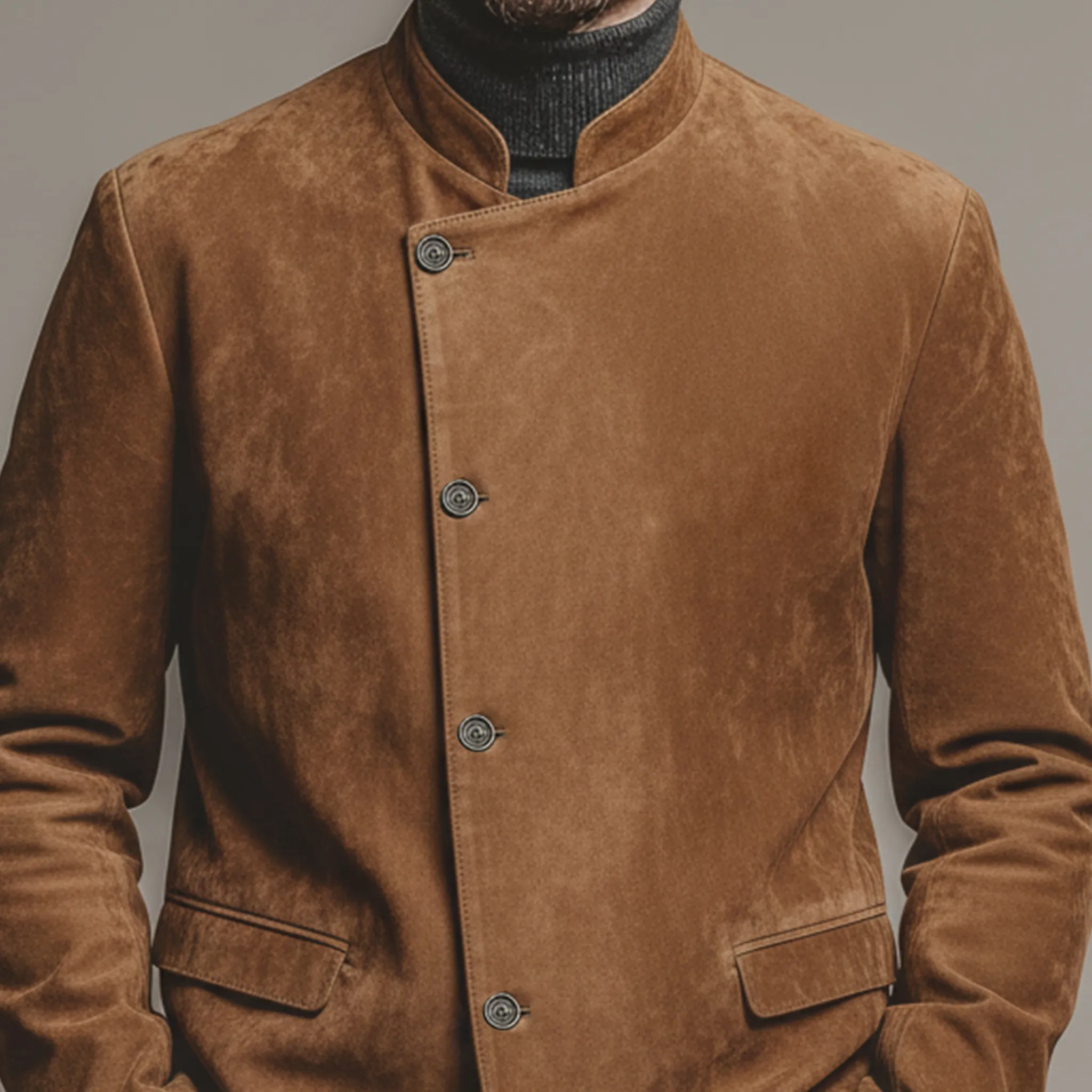 Men's Classic Retro Stand-up Collar Slanted Placket Faux Suede Jacket MTA0840K1K sold by Manly product image thumbnail 5