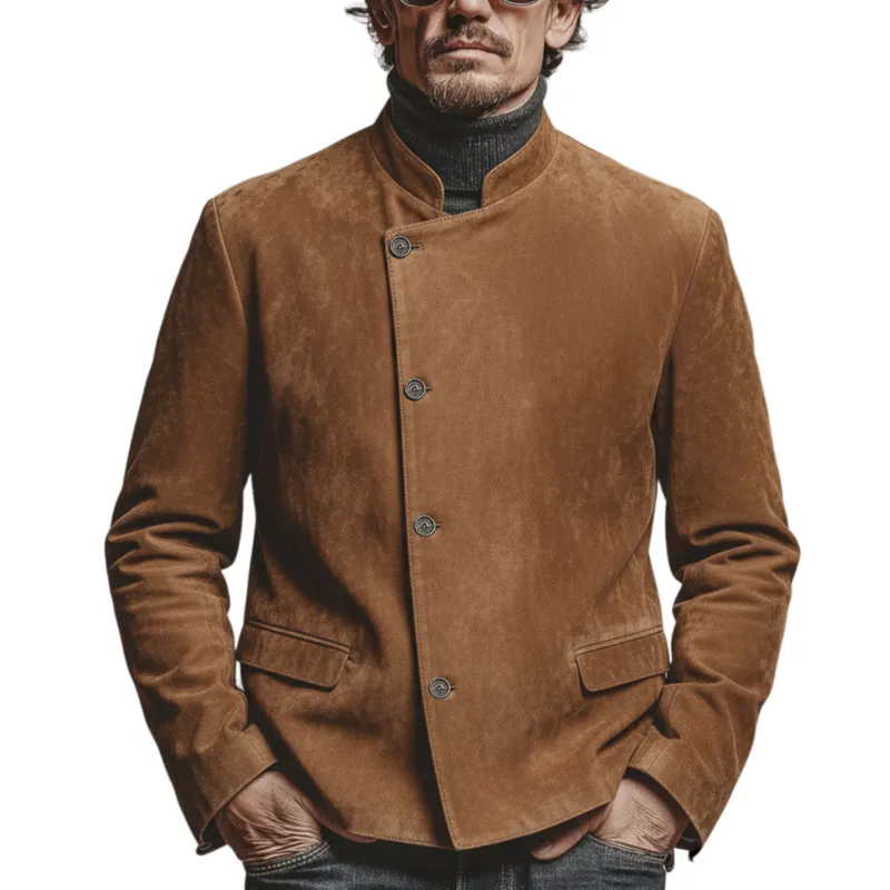 Men's Classic Retro Stand-up Collar Slanted Placket Faux Suede Jacket MTA0840K1K sold by Manly
