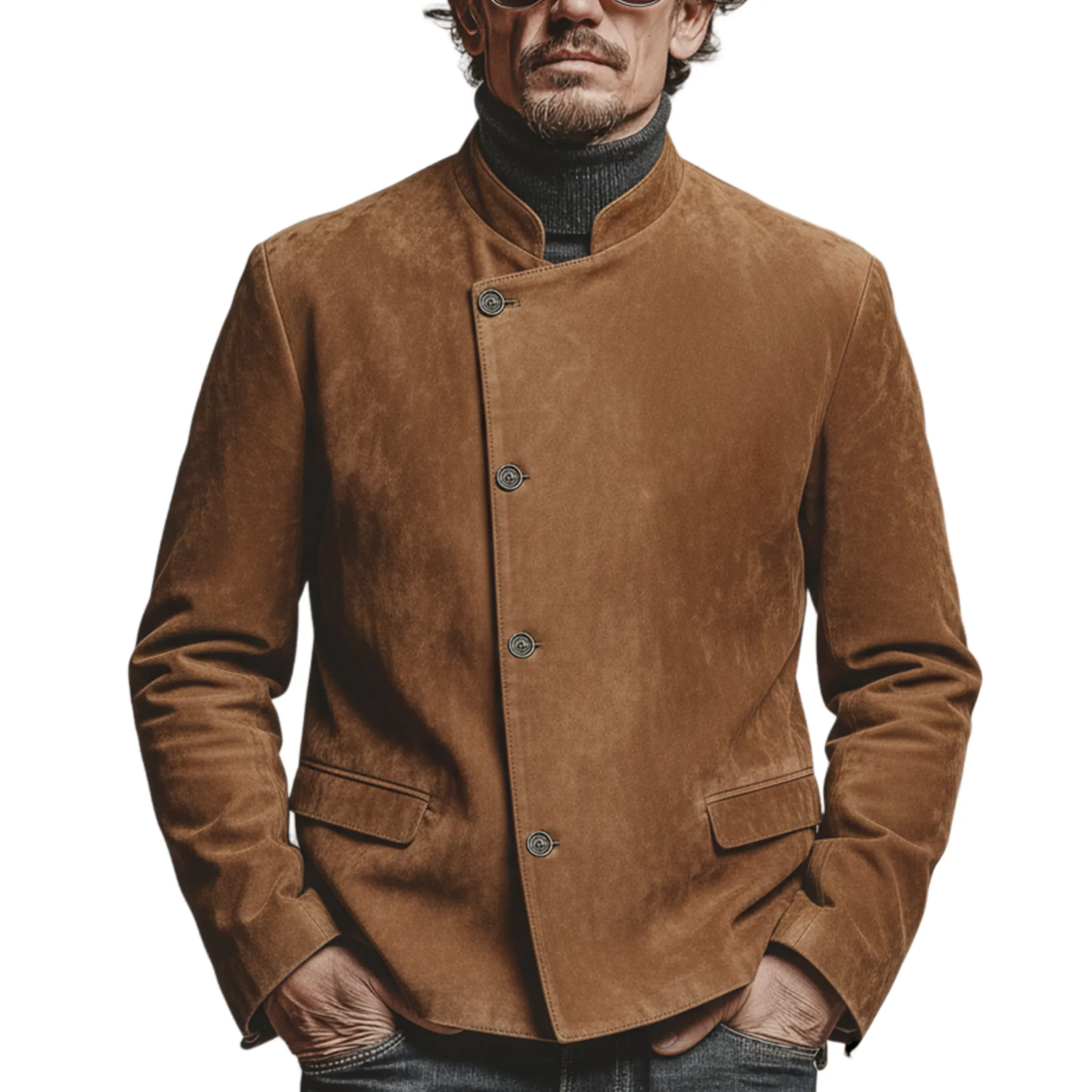 Men's Classic Retro Stand-up Collar Slanted Placket Faux Suede Jacket MTA0840K1K sold by Manly